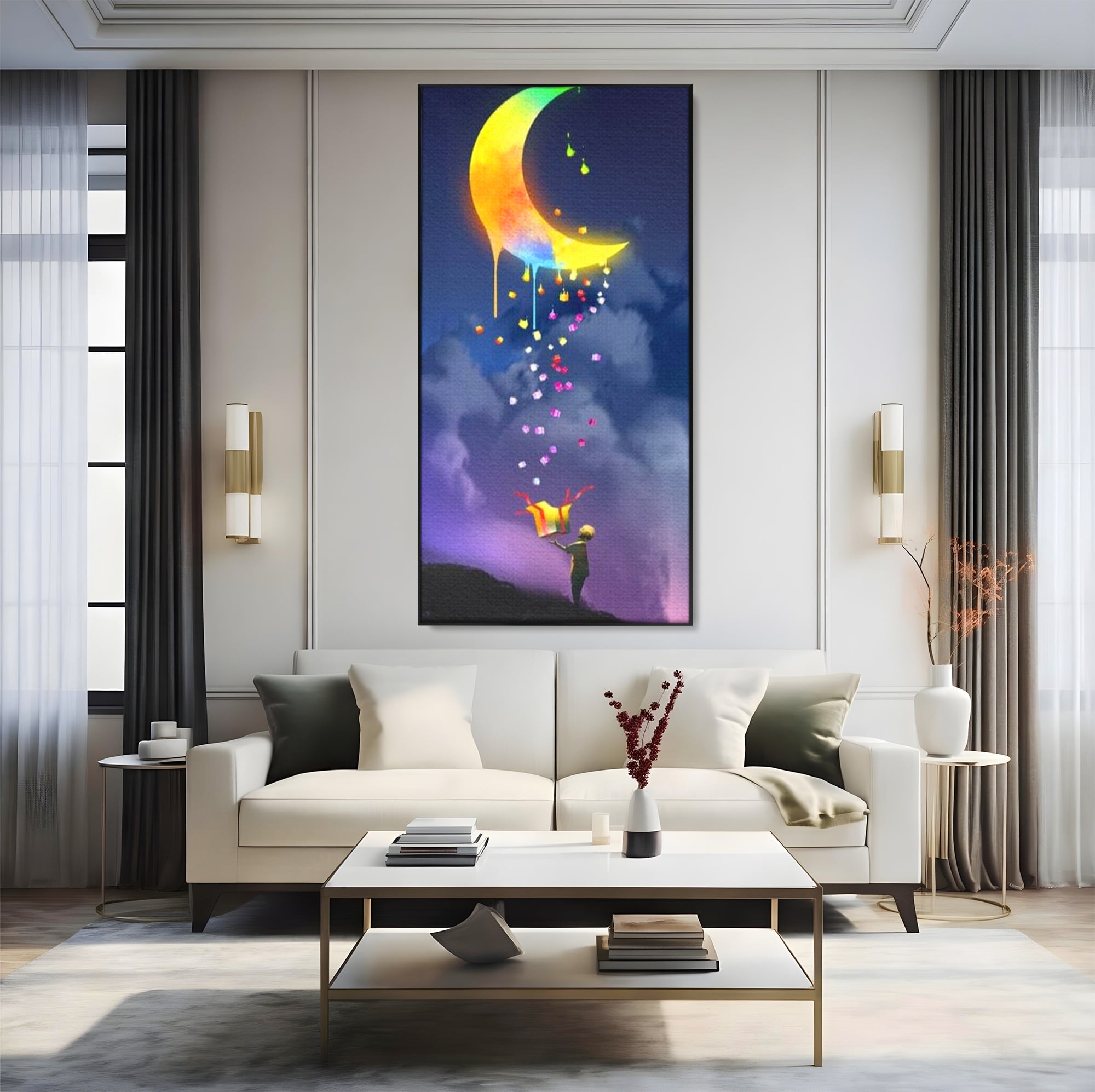 Tablou canvas cu ilustratie cu copil si luna curcubeu, in rama de aluminiu negru, pe perete intr-un living
